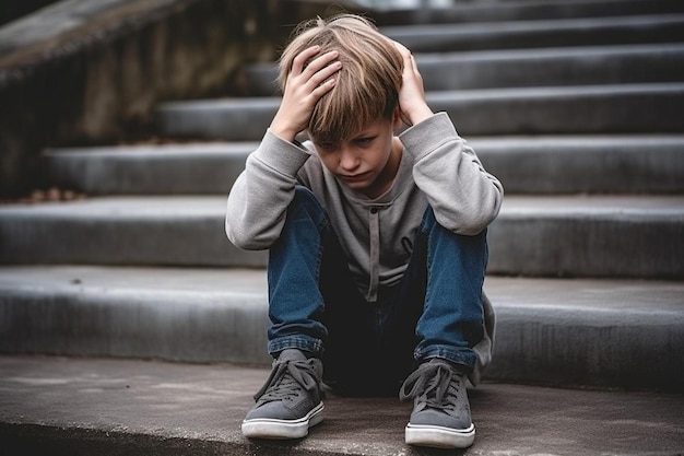 Ein kleiner Junge sitzt auf Stufen und hat die Hände auf dem Kopf