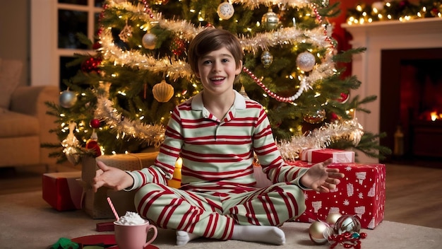 Ein kleiner Junge sitzt in einem entkleideten Schlafanzug vor einem Weihnachtsbaum