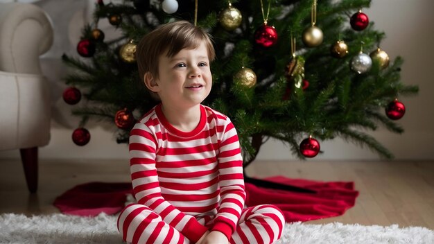 Ein kleiner Junge sitzt in einem entkleideten Schlafanzug vor einem Weihnachtsbaum