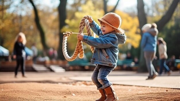 Foto ein kleiner junge spielt mit einem seil, auf dem das wort steht