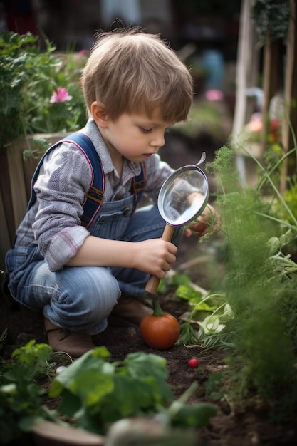 Ein kleiner Junge spielt mit einem Vergrößerungsglas im Garten, der mit generativer KI erstellt wurde