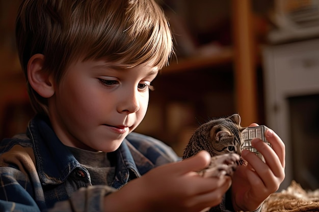 Ein kleiner Junge spielt mit einer Katze in seinen Händen. Generative Ai