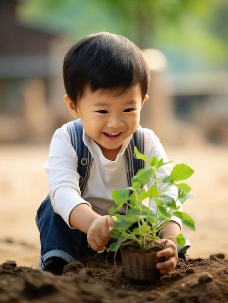 ein kleiner Junge spielt mit einer Pflanze im Schmutz