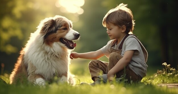 ein kleiner Junge spielt mit seinem Hund