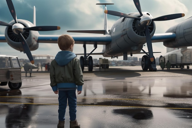 Ein kleiner Junge steht auf der Straße am Flughafen und beobachtet die stehenden Flugzeuge mit Propellerrückansicht