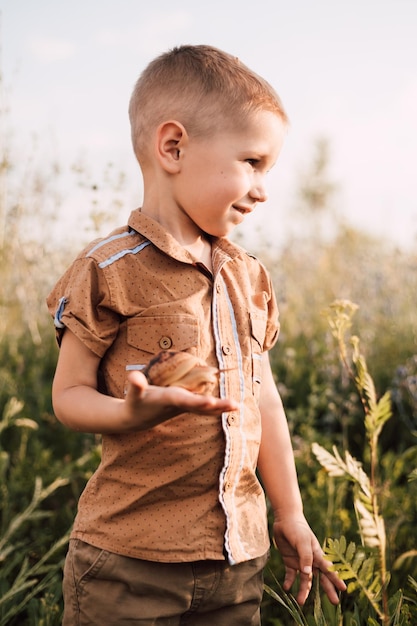 Ein kleiner Junge steht in der Natur im Gras und hält eine Schnecke in der Hand