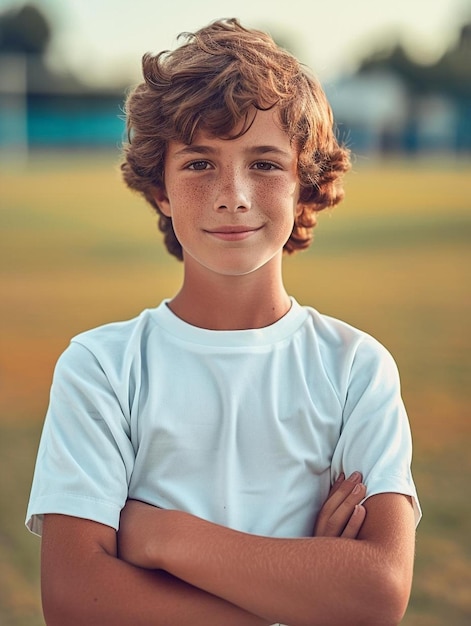 Foto ein kleiner junge steht mit gekreuzten armen auf einem feld