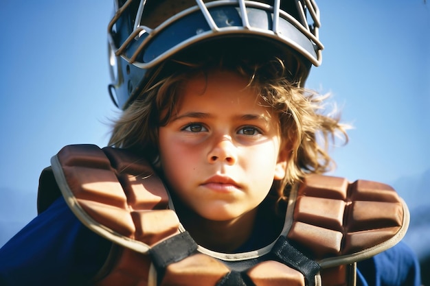 Ein kleiner Junge trägt einen Fanghandschuh und einen Helm. Sportliche Schutzausrüstung. Kindersport