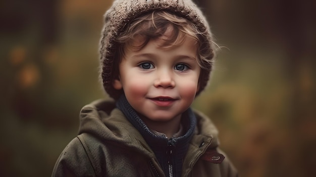 Ein kleiner Junge trägt einen Hut, eine braune Jacke und einen braunen Hut.