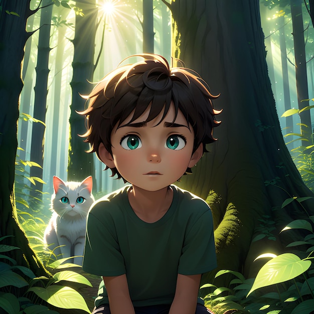 Ein kleiner Junge und seine Katze am Waldrand