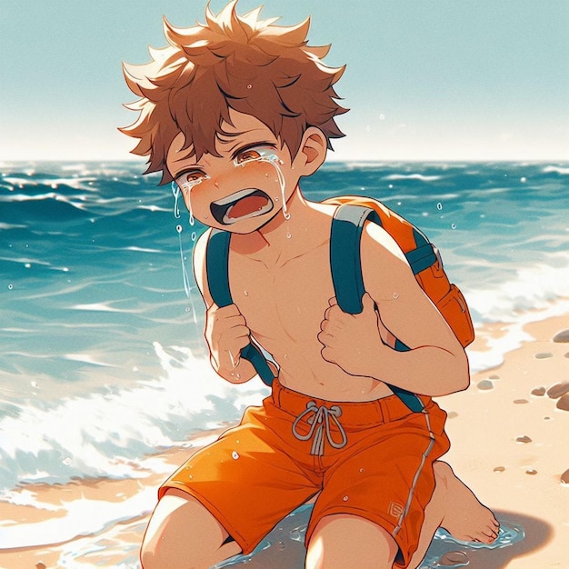 Ein kleiner Junge weint am Strand
