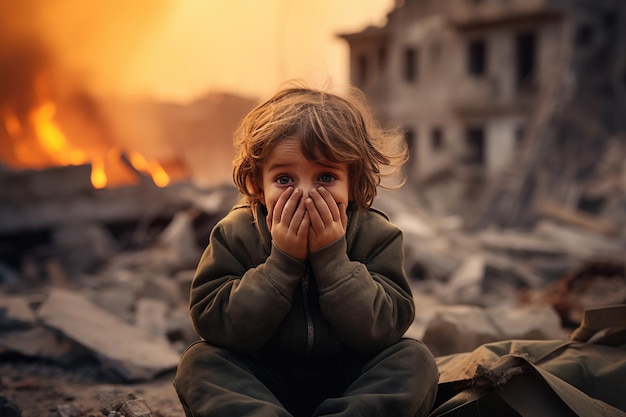 ein kleiner Junge weint und bedeckt sein Gesicht mit seinen Händen vor dem Hintergrund einer Kriegsexplosion