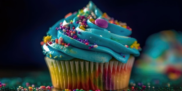 Ein kleiner Kuchen mit blauem Zuckerguss und Regenbogenstreuseln darauf