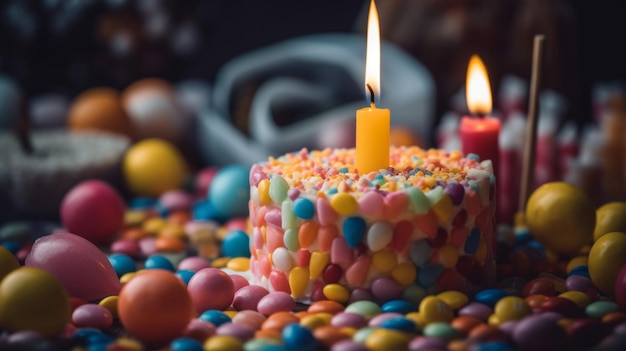 Ein kleiner Kuchen mit einer Kerze darauf ist von bunten Ostereiern umgeben.