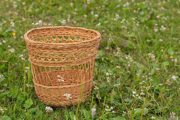 Ein kleiner leerer Weidenkorb steht auf einer grünen Wiese