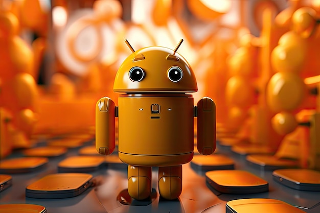 Ein kleiner orangefarbener Android-Roboter auf einem abstrakten Hintergrund