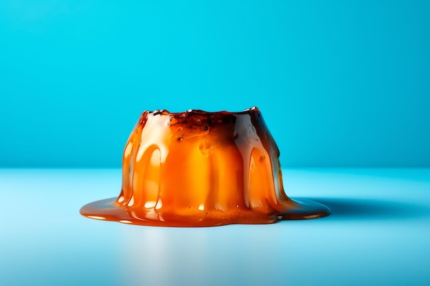 Ein kleiner Orangenpudding mit blauem Hintergrund