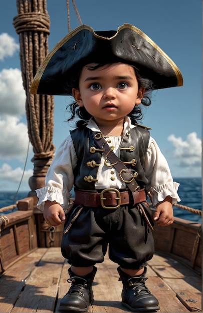 ein kleiner Pirat in einem Piratenkostüm auf einem Boot