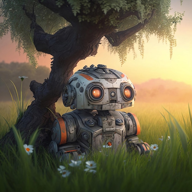 Ein kleiner Roboter sitzt unter einem Baum in einer Grasfläche. Diese Illustration hat das Thema „Generative KI“ im Science-Fiction-Stil