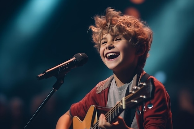 Foto ein kleiner sänger spielt akustikgitarre und singt bei einem konzert