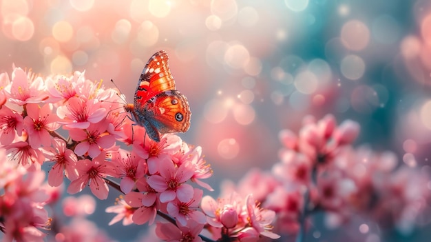 ein kleiner Schmetterling mit blaubraunen und weißen Markierungen auf einem Baumzweig von Sakura-Blumen-Schmetterling