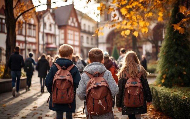 Ein kleiner Schüler geht die Straße entlang Zurück zur Schule KI