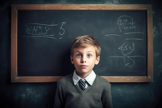 Ein kleiner Schüler steht neben der Klassentafel