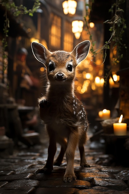 Ein kleiner Sikahirsch tänzelt in einer gemütlichen mittelalterlichen Taverne herum