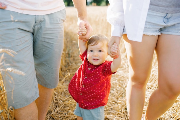 Ein kleiner Sohn hält die Hände seiner Eltern, während er auf einem Feld in der Natur spazieren geht