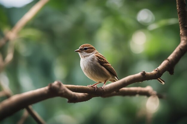 Ein kleiner Spatz auf einem Ast mit verschwommenem Dschungelhintergrund