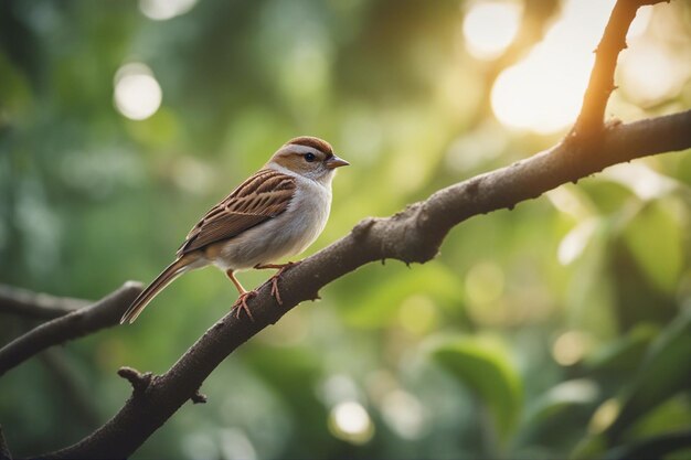 Ein kleiner Spatz auf einem Ast mit verschwommenem Dschungelhintergrund