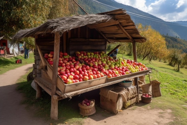 Ein kleiner Stand am Straßenrand, an dem frische Äpfel und Zimtstangen verkauft werden, die mit generativer KI hergestellt wurden