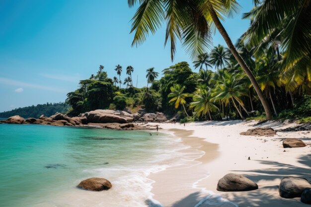 Ein kleiner Strand mit weißem Sand und blauem Wasser auf den Malediven