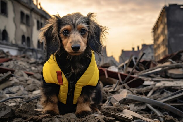 Ein kleiner Such- und Rettungshund in einer hellen Weste auf den Ruinen eines zerstörten Gebäudes