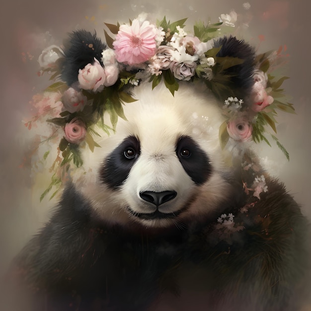 Ein kleiner süßer Panda mit Blume