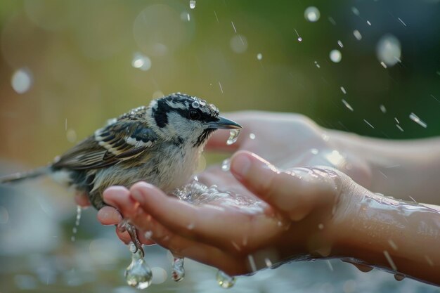 ein kleiner Vogel trinkt Wasser aus den Händen eines Kindes