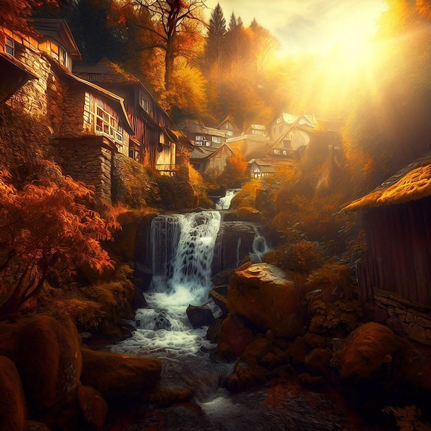 Ein kleiner Wasserfall, der durch ein kleines Dorf im herbstlichen Ölfarbenstil fließt