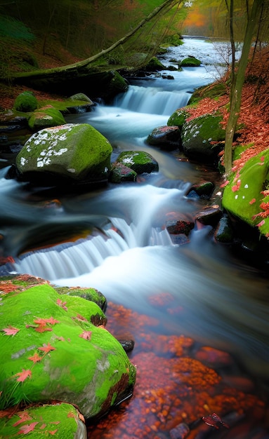 Ein kleiner Wasserfall in einem Wald mit roten Blättern auf dem Boden