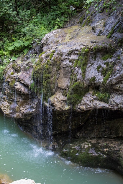 Ein kleiner Wasserfall über moosigen Steinen im Sommerwald