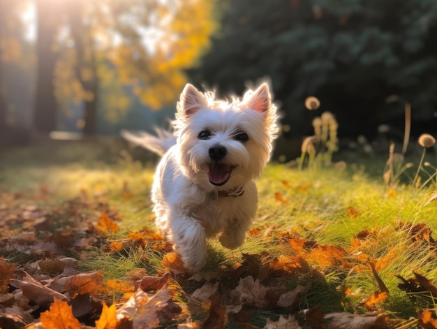 Ein kleiner weißer Hund läuft im Gras und ein Baum im Hintergrund mit Sonnenlicht