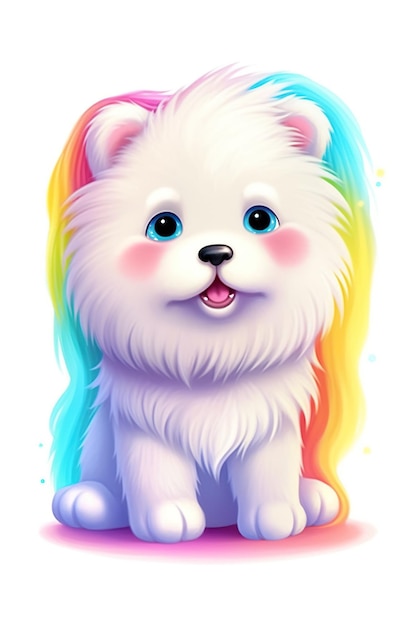 Ein kleiner weißer Hund mit einer Regenbogenmähne. Generatives KI-Bild