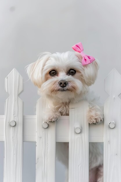 Ein kleiner weißer Hund mit einer rosa Schleife auf dem Zaun