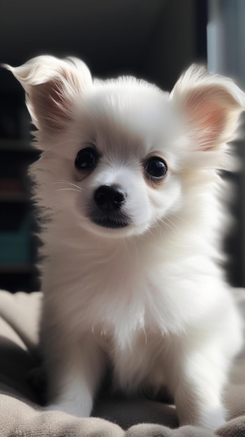 Ein kleiner weißer Hund mit schwarzer Nase sitzt auf einer Decke.