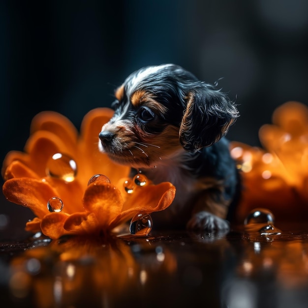 Ein kleiner Welpe balanciert auf der Spitze einer leuchtend orangefarbenen Blume