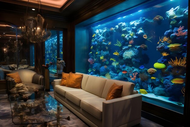 Ein kleiner Wohnbereich mit einem Innensofa und einem Aquarium oder einem Meeresfischbecken