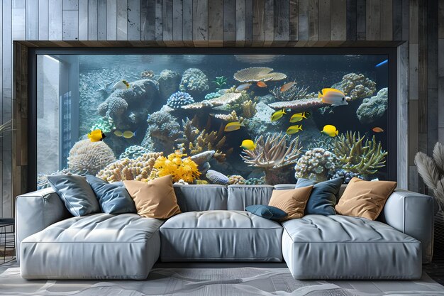 Foto ein kleiner wohnbereich mit einem innensofa und einem aquarium oder einem meeresfischbecken