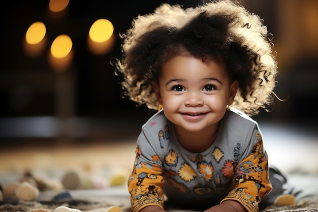 Ein kleines afrikanisches Mädchen kriecht auf dem Boden, liegt auf dem Boden und lacht