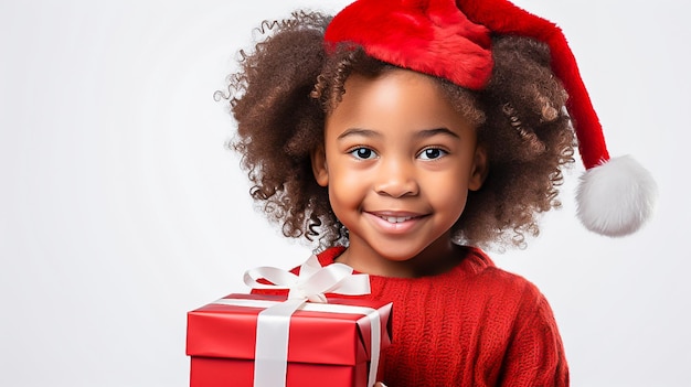 ein kleines afroamerikanisches Mädchen hält ein Neujahrsgeschenk in den Händen auf einem hellen Hintergrund im Studio für Text