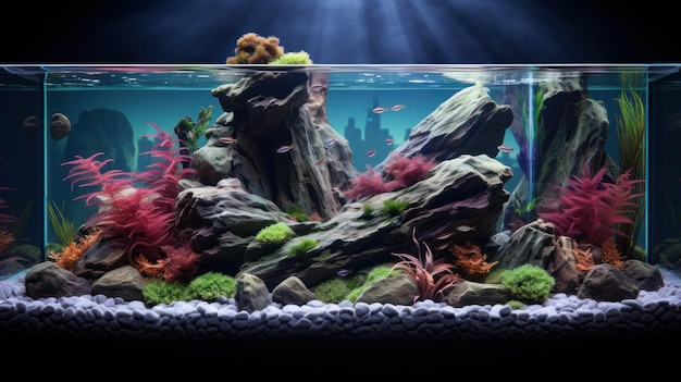 Ein kleines Aquarium mit Steinen und Pflanzen