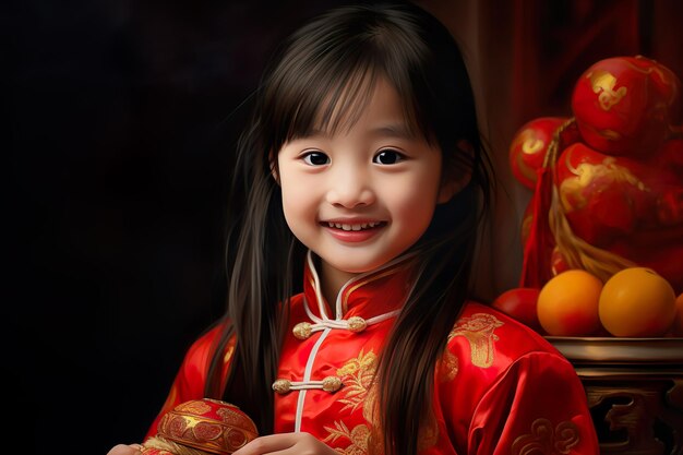 Foto ein kleines asiatisches mädchen lächelt und ist aufgeregt und hält eine rote geschenkkiste im chinesischen neujahrskonzept